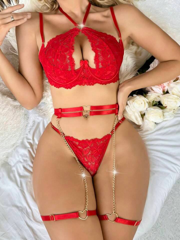 Ensemble Lingerie Sexy en Dentelle Rouge avec Chaînes